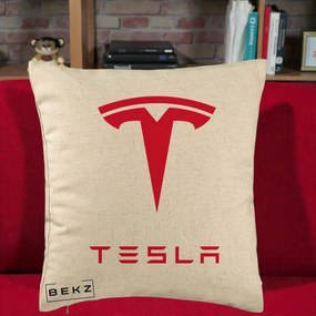 Perna Personalizata cu emblema Tesla, 40x40 cm, Bej, Husa Detasabila, Perna Inclusa, BEKZ®
