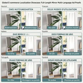 HOMCOM Oglindă cu Ramă din MDF, Picioare și Cârlige pentru Utilizare pe Podea sau pe Perete, 37x40x155 cm, Alb | Aosom Romania