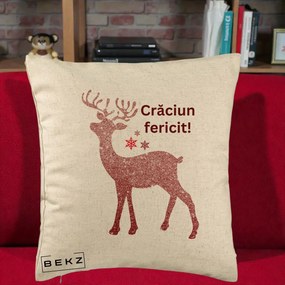 Perna Decorativa Ren Sclipitor Glitter Craciun Fericit, 40x40 cm, Bej, Husa Detasabila, Perna Inclusa, BEKZ®