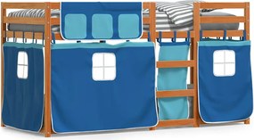 vidaXL Pat supraetajat cu perdele, albastru, 75x190 cm, lemn masiv pin