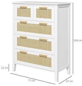 HOMCOM Comodă 5 sertare mânere de lemn masiv șine de metal pentru birou salon dormitor 77 x 37 x 104 cm alb | Aosom Romania