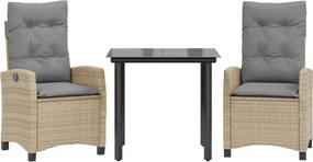 vidaXL Set de masă pentru grădină, 3 piese, cu perne, bej, poliratan