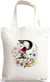Sacosa de Panza pentru Cumparaturi, Geanta Tote, Cu litera P in Coronita Florala, 38x34.5 cm, Alba, BEKZ®