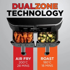 Friteuza dubla cu aer cald Ninja Foodi Dual Zone AF200EU, 2400 W, Zone independente, 7,6 l, 4 programe, 100-240°C, Max Crisp, Sync, Negru