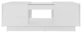 Măsuță de cafea albă cu suprafață din sticlă, iluminare LED, control prin aplicație, 2 sertare și 1 compartiment deschis, 100×50×35,5 cm, Alb