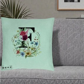 Cadou Personalizat - Perna Personalizata Monogram Litera F cu Flori Acuarela, 40x40 cm, Verde Menta, Husa Detasabila, Perna Inclusa, BEKZ®