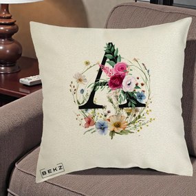 Cadou Personalizat - Perna Personalizata Monogram Litera A cu Flori Acuarela, 40x40 cm, Ecru, Husa Detasabila, Perna Inclusa, BEKZ®