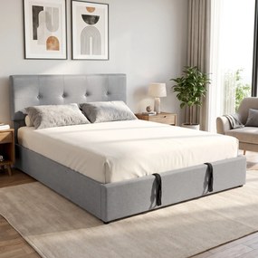 HOMCOM Pat cu ladă 140 x 190 cm, tapițat cu aspect de in, gri închis | Aosom Romania