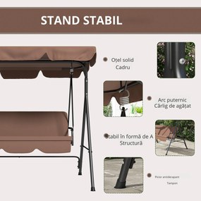 Outsunny Leagăn de Grădină cu 3 Locuri cu Baldachin și Cadru din Oțel și Poliester, 172x110x153 cm, Maro | Aosom Romania