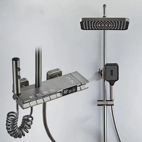 Coloană de duș termostat, afișaj digital, 4 funcții, taste de pian, cap duș dreptunghiulară, efect de ploaie, înălțime reglabilă, montare pe perete, G