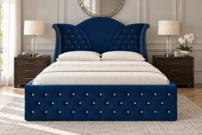 Pat tapițat Chesterfield din catifea Velora Cristal 160×200 cm, bleumarin, cu ladă de depozitare