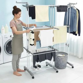 Uscător de rufe Kinghoff KH 2044, 30 m, până la 30 kg, 3 niveluri, roți, oțel, alb/gri