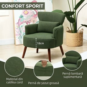 HOMCOM Fotoliu Capitonat cu Pernă și Șezut Gros, Fotoliu din Catifea cu Spătar și Picioare din Lemn, 69x69,5x78 cm, Verde | Aosom Romania