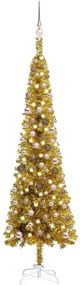 Set pom de Craciun subtire cu LED-uri si globuri, auriu, 210 cm 1, gold and rose, 210 cm