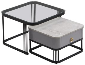 Set de 2 Măsuțe de Cafea Suprapozabile cu Blat din Marmură Lucioasă și Sticlă, Structură din Metal și Sertare, 60x60x42 cm + 50x50x34 cm, Negru