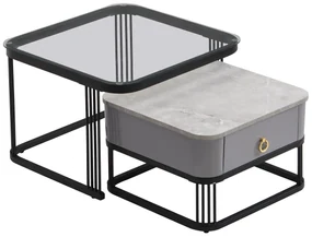 Set de 2 Măsuțe de Cafea Suprapozabile cu Blat din Marmură Lucioasă și Sticlă, Structură din Metal și Sertare, 60x60x42 cm + 50x50x34 cm, Negru