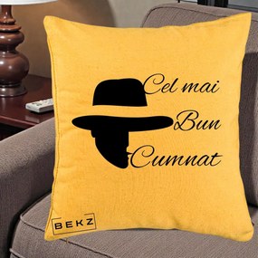 Cadou pentru Cumnat - Perna Personalizata Cel mai Bun Cumnat cu Silueta Palarie, 40x40 cm, Galben, Husa Detasabila, Perna Inclusa, BEKZ®