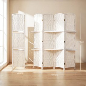 HOMCOM Paravan separator de cameră 4 panouri 160 x170 cm cu 2 rafturi, pliabil, din lemn | Aosom Romania