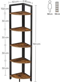 Raft De Colt Cu 5 Niveluri, Maro Rustic Si Negru, 30 X 30 X 150 Cm