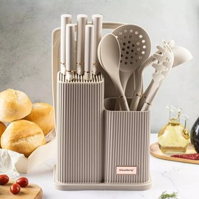 Set cutite si ustensile Klausberg KB 7935, Tocator si suport, 12 piese, Bej