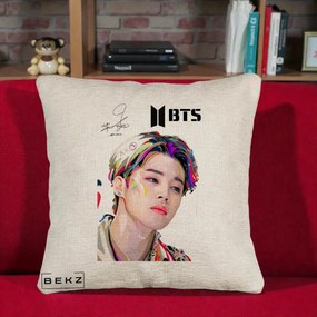 Perna Personalizata K-pop BTS Jimin Portret Artistic Multicolor cu Autograf, 40x40 cm, Bej Canapea, Husa Detasabila, Perna Inclusa, BEKZ®