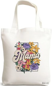 Sacosa de Panza pentru Cumparaturi, Geanta Tote, model Mama spring flowers 38 x 34.5 cm, Alba, BEKZ®