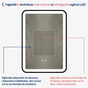 Oglindă LED Dreptunghiulară (50x70 cm), 3 Moduri Iluminare (Lumină Rece, Naturală, Caldă), Intensitate Reglabilă, Funcție Dezaburire, Ramă Aluminiu, Control Tactil (Touch)