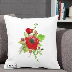 Perna Decorativa Buchet Rosu Acuarela, 40x40 cm, Alba Mata, Husa Detasabila, Perna Inclusa, BEKZ®