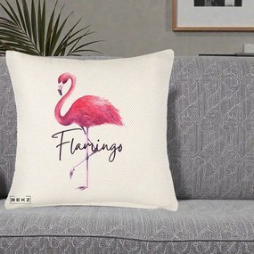 Perna Decorativa Flamingo Acuarela, 40x40 cm, Crem Reliefat, Husa Detasabila, Perna Inclusa, BEKZ®