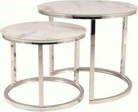 Set 2 masute cafea ATLANTA B II, alb cu efect de marmura/crom, sticla/