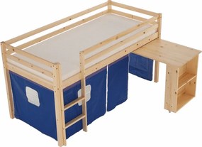 Pat înălţat cu masă PC, lemn de pin/albastru, ALZENA