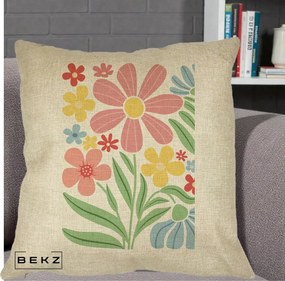Perna Decorativa Flori Grafice Roz Pastel, 40x40 cm, Crem, Husa Detasabila, Perna Inclusa, BEKZ®