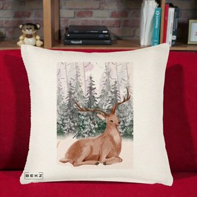 Perna Decorativa Ren in Padure Roz Moale, 40x40 cm, Crem Reliefat, Husa Detasabila, Perna Inclusa, BEKZ®