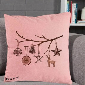 Perna Decorativa Ornamente de Lemn pe Ramura, 40x40 cm, Roz, Husa Detasabila, Perna Inclusa, BEKZ®