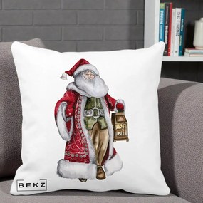 Perna Decorativa Mos Craciun Vintage cu Felinar, 40x40 cm, Alba Mata, Husa Detasabila, Perna Inclusa, BEKZ®