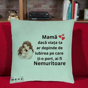 Cadou pentru Mama - Perna Personalizata Mama Nemuritoare cu Balon Inima, 40x40 cm, Verde Menta, Husa Detasabila, Perna Inclusa, BEKZ®