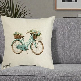 Perna Decorativa Bicicleta Teal cu Cosuri Duble de Flori Vintage, 40x40 cm, Ecru, Husa Detasabila, Perna Inclusa, BEKZ®