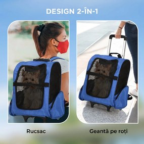 PawHut Rucsac 2-în-1 pentru Câini și Pisici cu Buzunare Laterale, Mâner Telescopic și Roti, 42x25x55 cm, Albastru | Aosom Romania