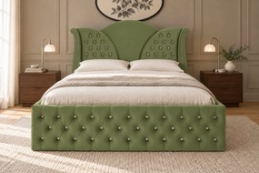 Pat tapițat Chesterfield din catifea Velora Deluxe 180×200 cm, kaki, cu ladă de depozitare