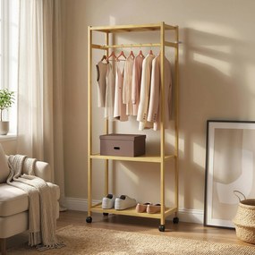 HOMCOM Cuier de Podea cu Bară și 4 Roți, Economisire Spațiu, Cuier din Bambus cu Rafturi Inferioare, pentru Dormitor, Hol, 70x35x175 cm, Lemn Natural | Aosom Romania