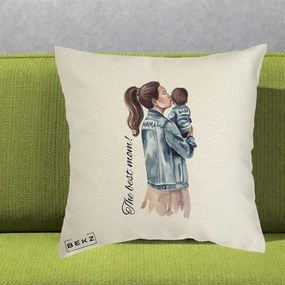 Cadou pentru Mama - Perna Personalizata The Best Mom Jachete, 40x40 cm, Ecru, Husa Detasabila, Perna Inclusa, BEKZ®
