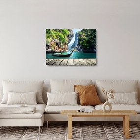 Tablou pe sticlă - Apă peisaj mediteranean cu barca (70x50 cm)