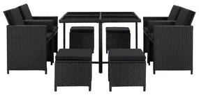 46532 vidaXL Set mobilier de exterior cu perne, 9 piese, negru, poliratan