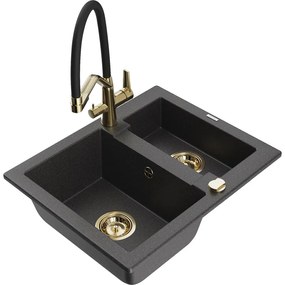 Mexen Carlos chiuvetă din granit cu 1,5 compartimente cu baterie de bucătărie Duo, negru pătat - 6518-76-671701-57-G