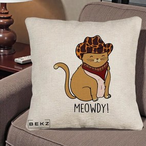 Perna Decorativa Pisica Cowboy Meowdy, 40x40 cm, Bej Canapea, Husa Detasabila, Perna Inclusa, BEKZ®