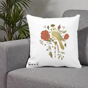 Perna Decorativa Pasare pe Ramura cu Maci, 40x40 cm, Alba Mata, Husa Detasabila, Perna Inclusa, BEKZ®