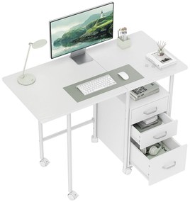 HOMCOM Birou de calculator pliabil pe roți, birou cu depozitare, 3 sertare, blat extensibil, 105x51x75,5cm, alb | Aosom Romania