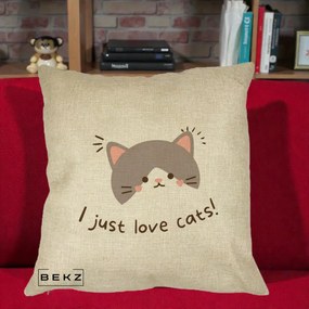 Perna Personalizata I Just Love Cats Pisica Kawaii, 40x40 cm, Crem, Husa Detasabila, Perna Inclusa, BEKZ®