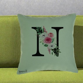 Cadou Personalizat - Perna Personalizata Monograma Florala Litera N, 40x40 cm, Verde, Husa Detasabila, Perna Inclusa, BEKZ®
