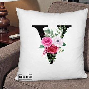 Cadou Personalizat - Perna Personalizata Monograma Florala Litera V cu Buchet, 40x40 cm, Alb Pufos, Husa Detasabila, Perna Inclusa, BEKZ®